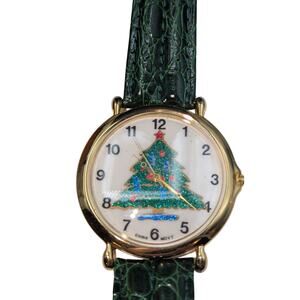 Women's Gold Tone Christmas Tree Dial Green Leather Band Watch